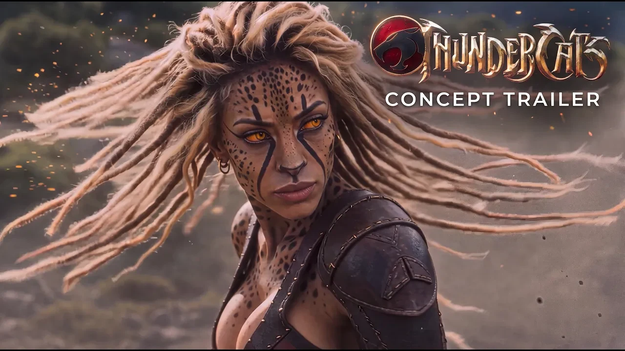 Cheetara in photoreal costume under the ThunderCats Concept Trailer title card, from the J2-industries film