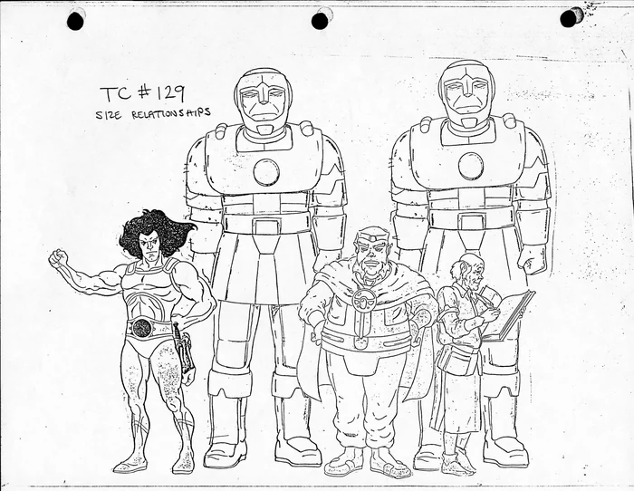 Pencil size comparison chart lining the Guardsmen up against the ThunderCats, headed TC 129