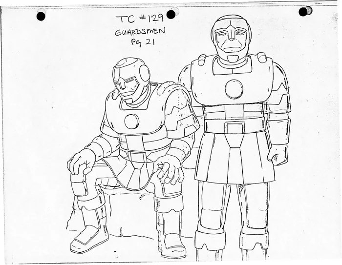 Pencil model sheet of two stone Guardsmen, headed TC 129 Guardsmen page 21