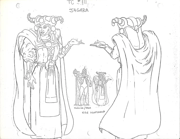 Pencil model sheet for Jagara, front and rear turnaround with size comparison inset