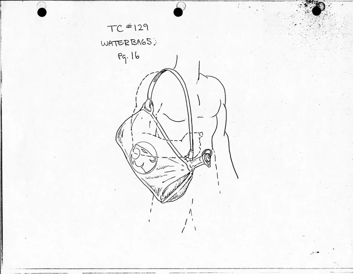 Pencil prop design for a Thunderian waterbag slung over a shoulder, headed TC 129 Waterbags page 16