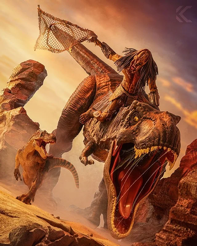A Predator riding a large carnivorous dinosaur across a desert
