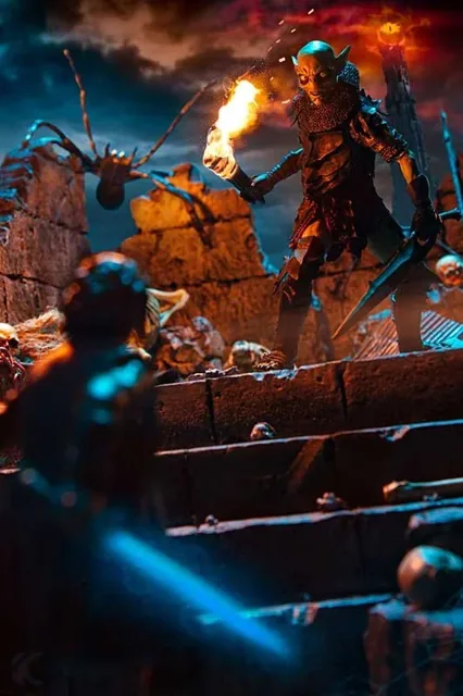 An armoured warlord holding a flaming torch above a blue-lit army of skeletal soldiers