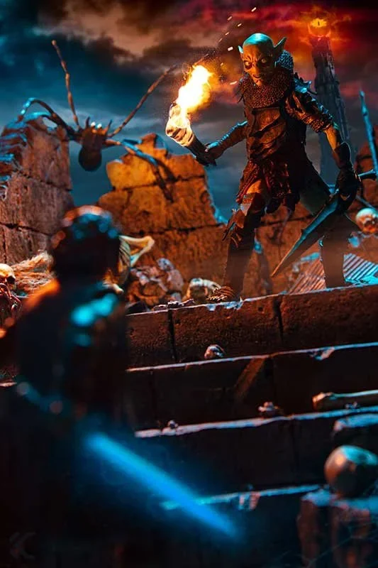 An armoured warlord holding a flaming torch above a blue-lit army of skeletal soldiers