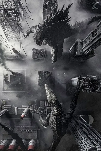 Black and white image of Godzilla and a winged kaiju destroying a city