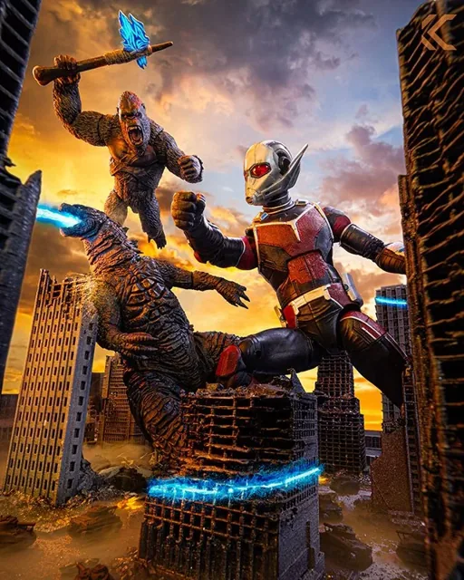 Ultraman and King Kong fighting a kaiju among toppled skyscrapers at sunset