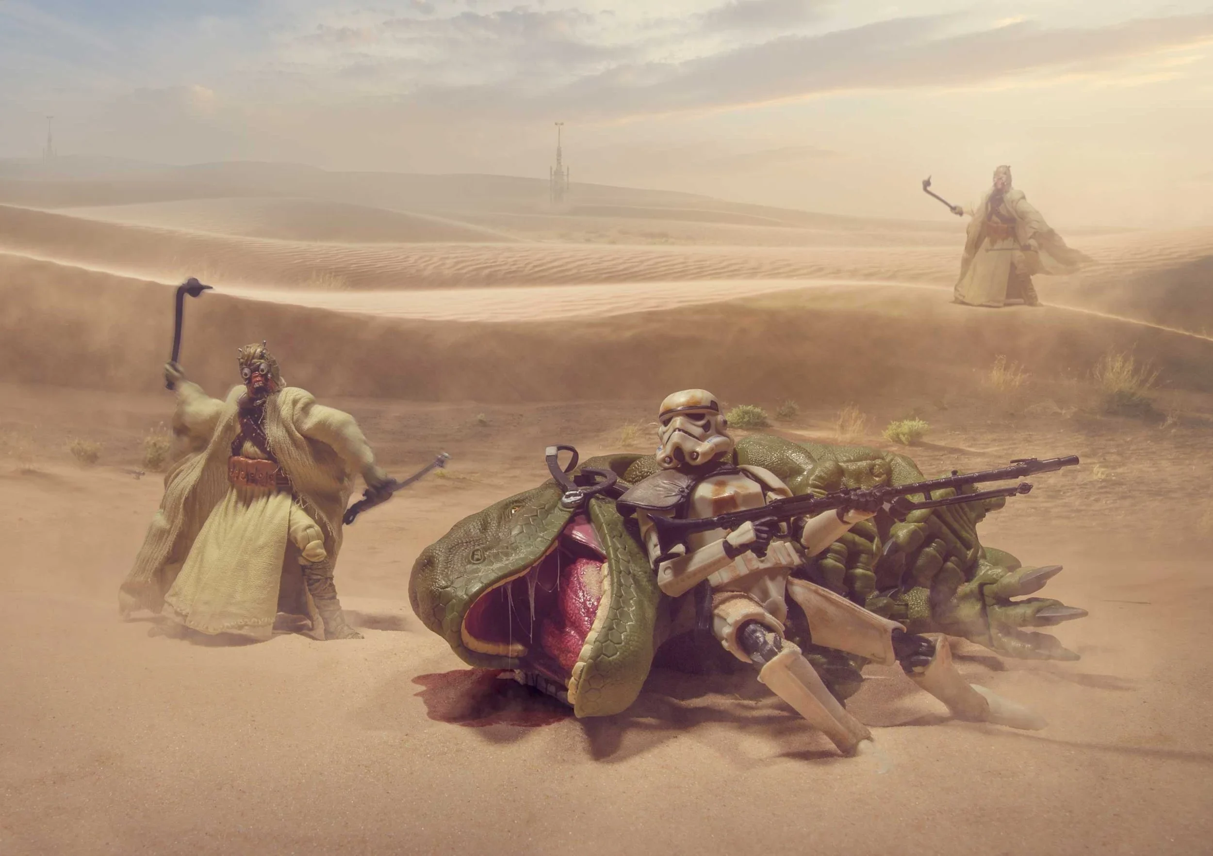 Stormtroopers and a dewback in a desert sandstorm