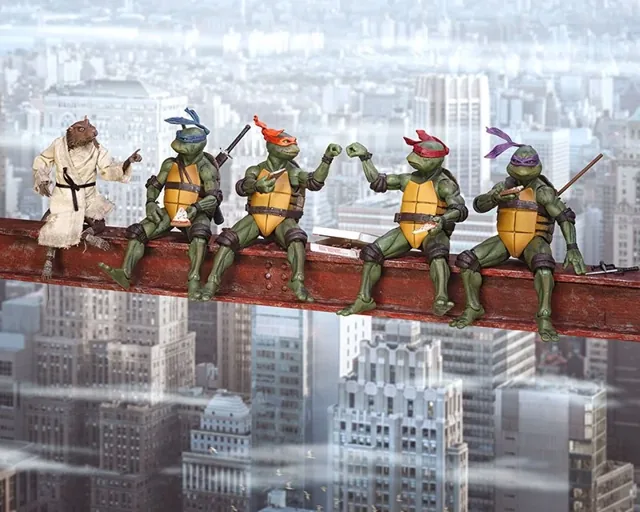 The four Teenage Mutant Ninja Turtles and Splinter sitting on a girder high above a city skyline