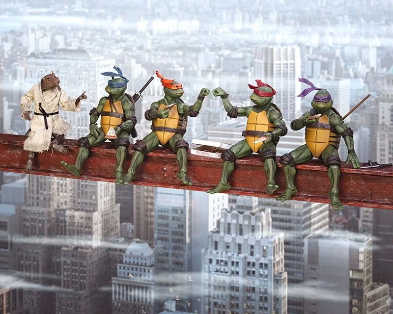 The four Teenage Mutant Ninja Turtles and Splinter sitting on a girder high above a city skyline