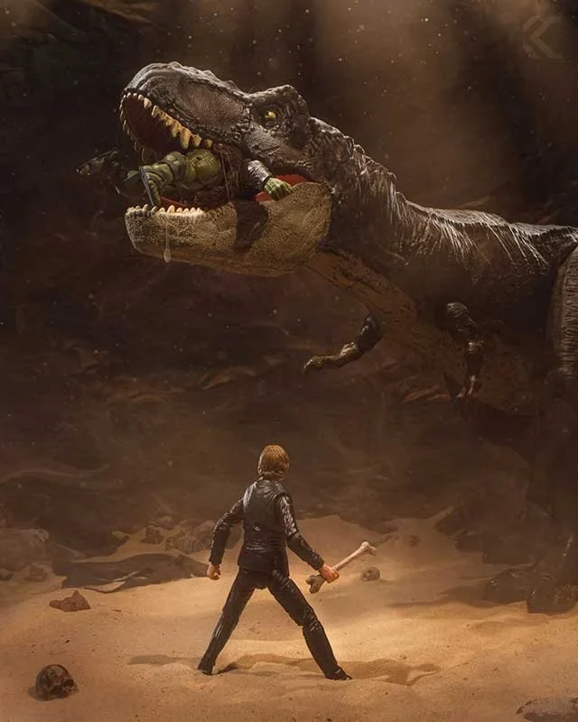 A lone figure holding an axe facing a Tyrannosaurus rex in a dust storm