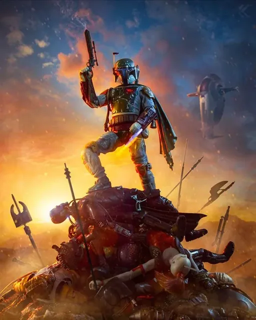 Boba Fett standing on a heap of defeated bounty hunters at sunset