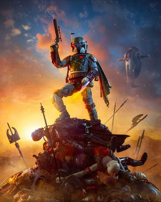 Boba Fett standing on a heap of defeated bounty hunters at sunset