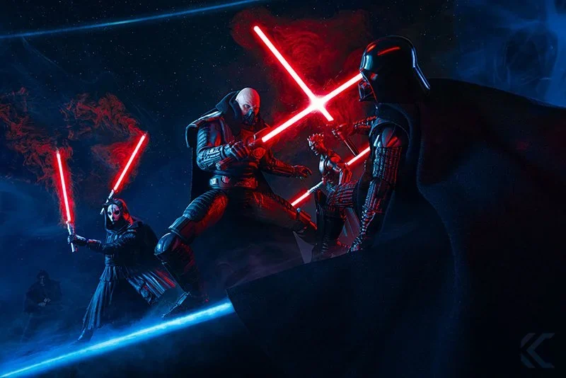 Darth Vader and three red-lightsaber Sith closing in on a single blue lightsaber in the dark
