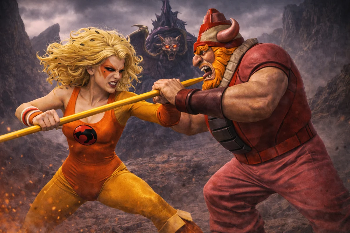 Cheetara battling Ram-Bam under Mumm-Ra, AI art by Toonhead720