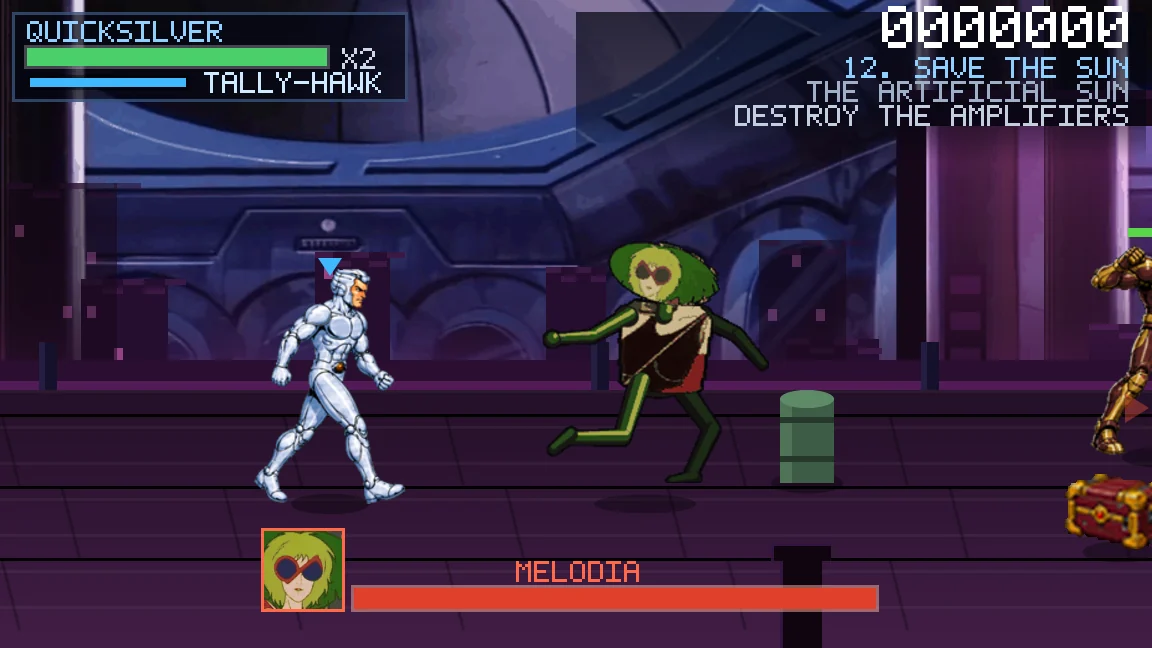 Quicksilver facing Melodia at the Artificial Sun in the SilverHawks fan game, with her boss health bar along the bottom