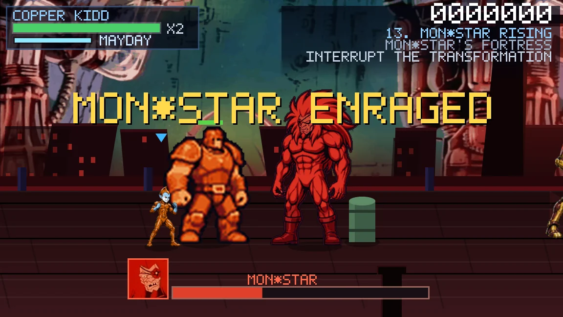 Copper Kidd facing a Mob heavy and Mon*Star in the SilverHawks fan game, with the banner MON*STAR ENRAGED across the screen and his health bar under half