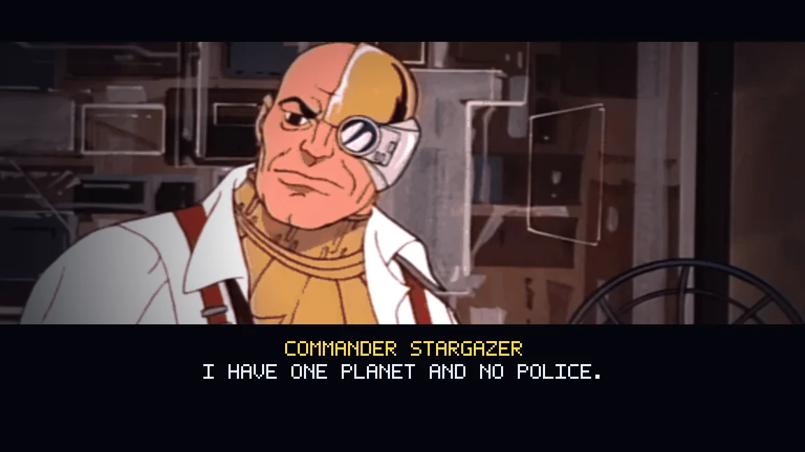Commander Stargazer in the opening cutscene of the SilverHawks fan game, with the caption I have one planet and no police