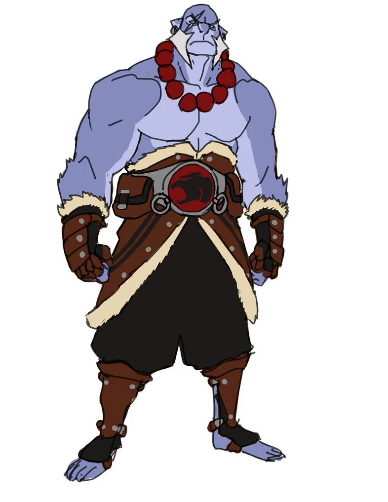 Panthro concept 2. We explored the idea of Panthro being older as if he'd been missing for a very long time in the very beginning. I gave him monk beads as if he found some sort of peace within the savage world he was surviving in and tried to really separate him from other Thunderians by making him look a bit more tribal. (Dan Norton Mar 2012)