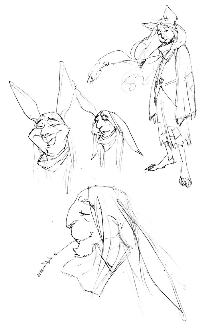 The Drifter concepts 1. These were the first concepts for the Drifter. I chose a rabbit for the character not only for the commonality of the animal to relay an everyman approach. But it was a bit of a shout out to the WB's Bugs Bunny. As far as his 'Drifting', I thought what would happen if you took away a man's hopes and dreams. With absolutely no will, the wind could blow you in any direction. It all went from there... By the way, he was almost a mouse. (Dan Norton Mar 2012)