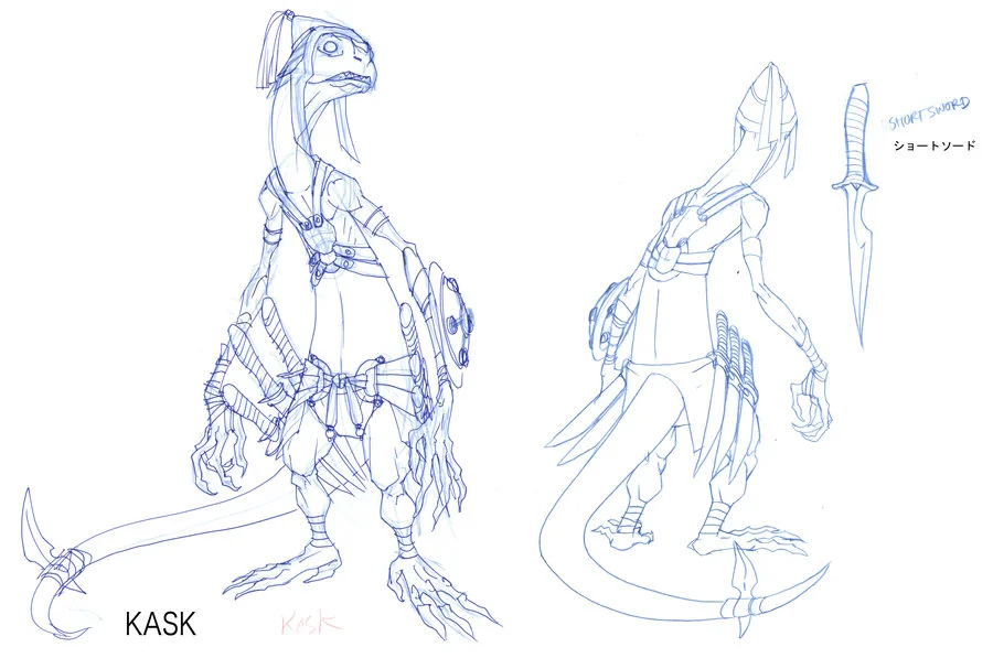 Lizard Tracker Kask concept 1. For episode 4, I had a trio of lizard trackers to design. This is one of them. Kask's design was essentially the same as Lizard Slave 1. I just drew on top of him to save time and economize the design bandwidth for the animators. He was going to have 6 short swords, but again, had to think of the line mileage. (Dan Norton Mar 2012)