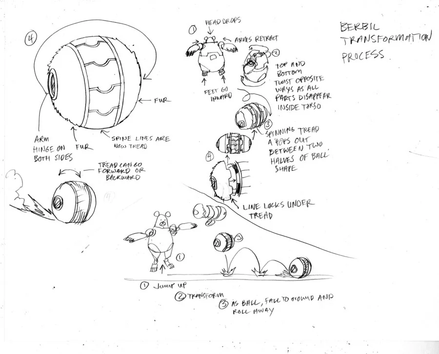 Berbils transformation. For the new Berbils, I wanted to update them in a way that would surprise the old fans and also ease the burden of the animators for the episode. So I came up with this transformation/ movement. (Dan Norton Mar 2012)