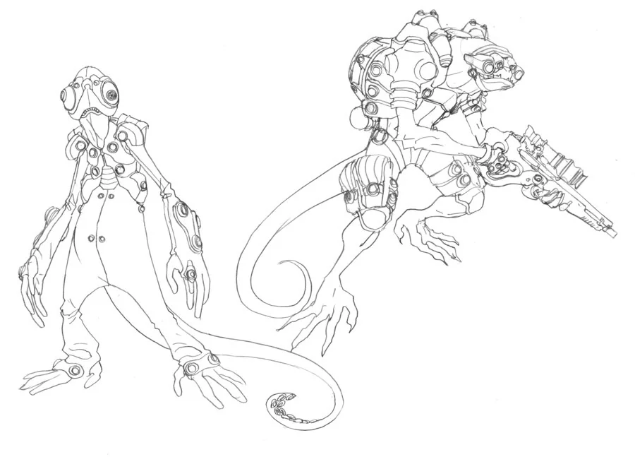Lizard Trackers/ Soldiers concepts. These were some really early Lizard soldier concepts. These were too far into the Sci Fi element and didn't give room for growth. Besides that they were way to complicated. I like to think of concept art like a haircut, you can alway cut it off, but it takes a lot more to put it back on. (Dan Norton Mar 2012)