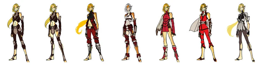 Cheetara concept 4. So, this was another grouping of Cheetara costumes I was messing with early on. We had been talking about a more Final Fantasy approach and I did some really heavy armored / layered looks. Since I did this purely digitally, I just grabbed colors to show contrast for the design. Had any of these taken off, it would have been adjusted properly. (Dan Norton Jun 2012)