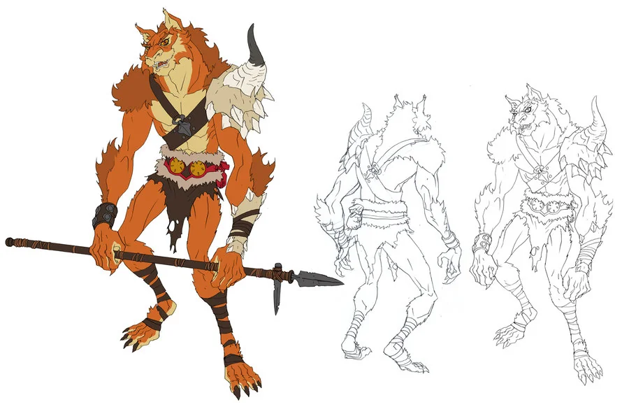 Kaynar Concept art. So here is the concept art I did of Kaynar. I actually had to add the polearm in the last minute for presentation, so the hands aren't meant to be holding the weapon. You can see the original on the right. The danger of Kaynar design wise was that he looked to close to many other werewolf type characters if you look at his silhouette. So I added the horn on the shoulder to break him out of the box. This also represents his predatorial nature to hunt larger animals. (Dan Norton Mar 2012)