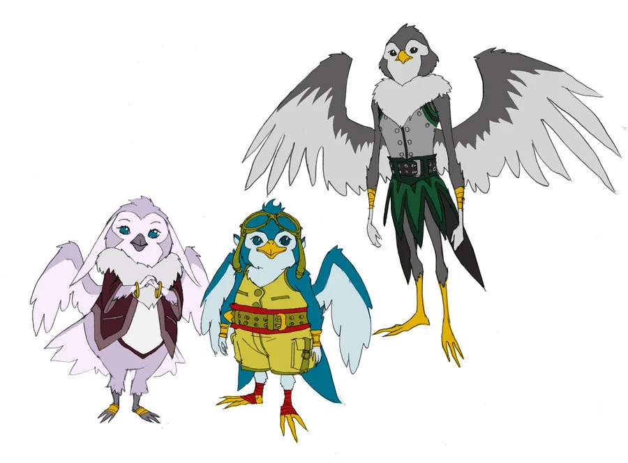 Bird men concepts. For episode 14 of ThunderCats I had to lay down some concepts for the bird nation. Here are some of those efforts. The taller one was the executioner who cut the rope Addicus was hanging from. Of course he was wearing a hood. (Dan Norton May 2012)