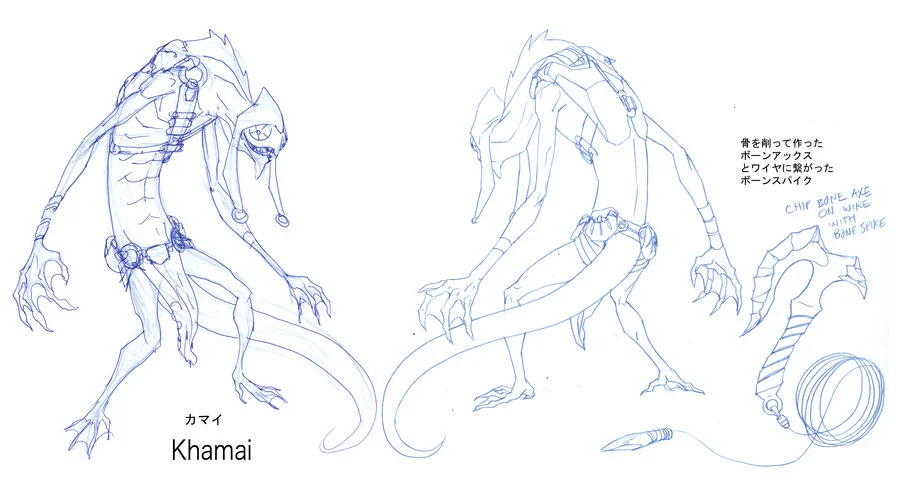 Lizard Tracker Khamai concept 1. I was going for a mix of lizard types here almost thinking this would be the aquatic tracker but as it turns out, Khamai became more of the chameleon. So in the finished version, his fingers and toes look more like the chameleon. The rest pretty much remained the same. (Dan Norton Mar 2012)