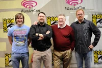 The ThunderCats team at WonderCon, from left to right: producer Michael Jelenic; art director Dan Norton; Larry Kenney, the voice of Claudus in the new show and the original voice of Lion-O in the 1980s series; and producer Ethan Spaulding