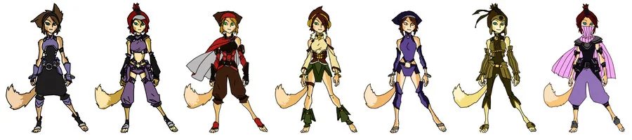 WilyKit costume alts. Like Cheetara's alternative outfits, I did the same with the kids. Here are Wilykits. I did use one of the alternative as inspiration for one of the thief kids name Jenyo in episode 22. Can you find it? [3rd from left]. (Dan Norton Jun 2012)