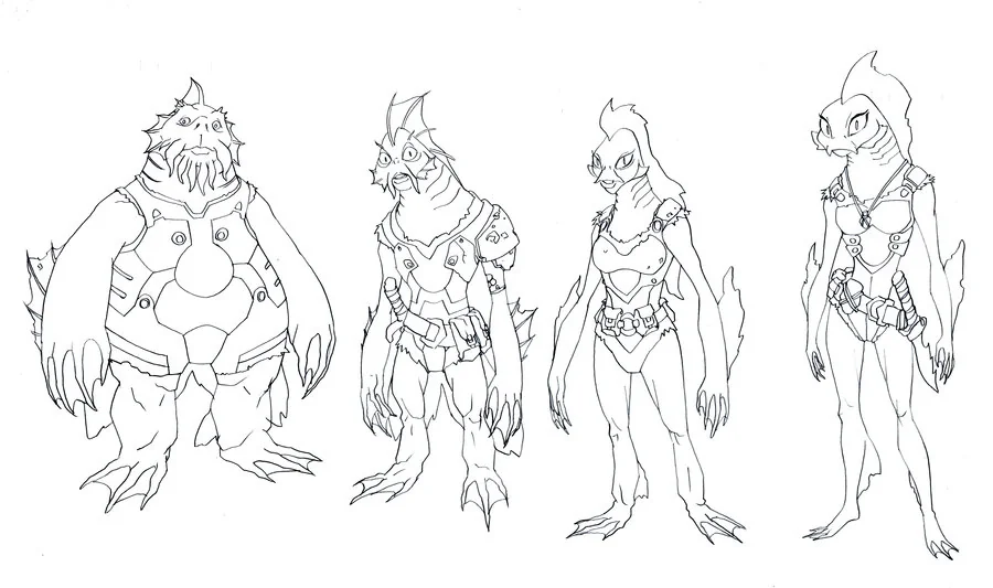 Fishmen Crew concepts. Here are some of the crew of episode 3 of the new ThunderCats series. In 'Ramlak Rising' we saw these guys in the background of Toonar's ship. I have a first mate and chef I'll post later. (Dan Norton Apr 2012)