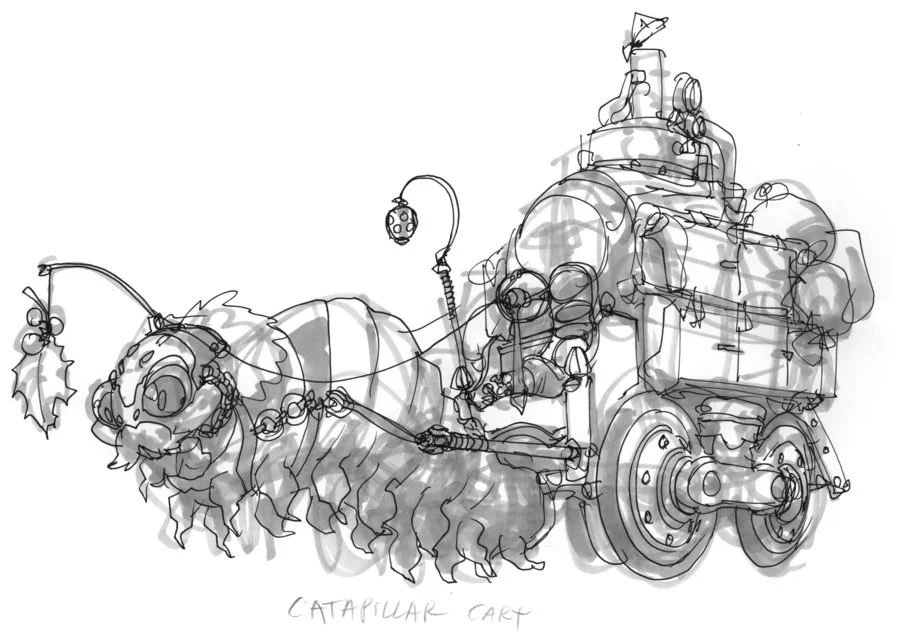 Caterpillar Cart concept. This was the very first cart I did as part of a brainstorm session in the early development of the ThunderCat series. I thought it would be interesting to have a cart pulled by a creature that was thought of as slow and flip the script on it. The idea of having it being lead by a leaf is what began to push the story forward. (Dan Norton May 2012)