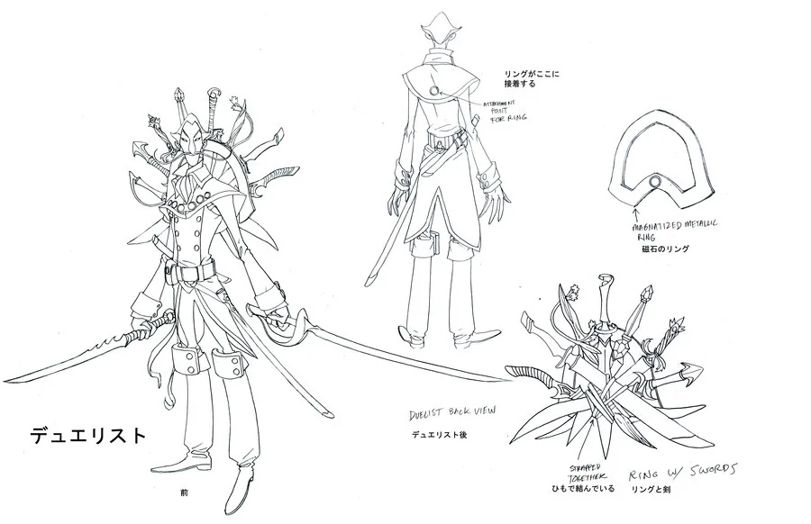 The Duelist concept. For the Duelist, I had the idea that it could be fun for a swordsman to challenge another for ownership of the sword. Much like a pink slip for a car. So to have him carrying the trophies like a peacock jumped out at me. I also thought it would be great for him to size up an opponent and handicap them by choosing a specific sword to counter the right technique. We didn't get to cover this in the show, but it was behind the character. When I designed him. I wanted him to stand out amongst the people of the town so he's more official, almost military. I based him on the idea of a hybrid Lee Van Clef meets Vincent Price as a muppet. I figured he's more of a indigenous species of third earth. (Dan Norton Mar 2012)