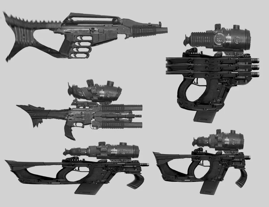 Sci Fi guns. Hey guys, I thought I'd show you how I sometimes take a pass at creating new weapons to draw. Here I've taken a photo of several real guns. I simply chop them up into pieces, copy and paste, stretch and distort until I find a good composition. Then I draw it off to the side. It always helps to find something believable and familiar to base you idea on. It will really lend credibility to the functionality of the concept. These in particular were used to give my team some ideas for the weaponry of the lizard men for ThunderCats. (Dan Norton Mar 2012)