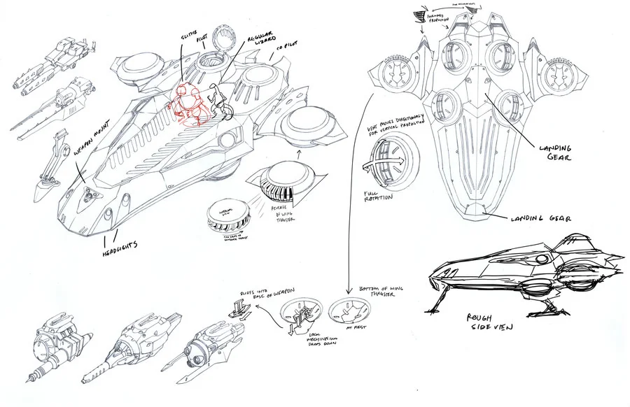 Lizard Transport concept. In episode 14 we revealed the new Lizard cruiser. The idea behind the concept was to use an alligator head for the structure to keep in the theme of the design. You'll see an array of attachable weapons for the wings and front gunner. (Dan Norton Mar 2012)