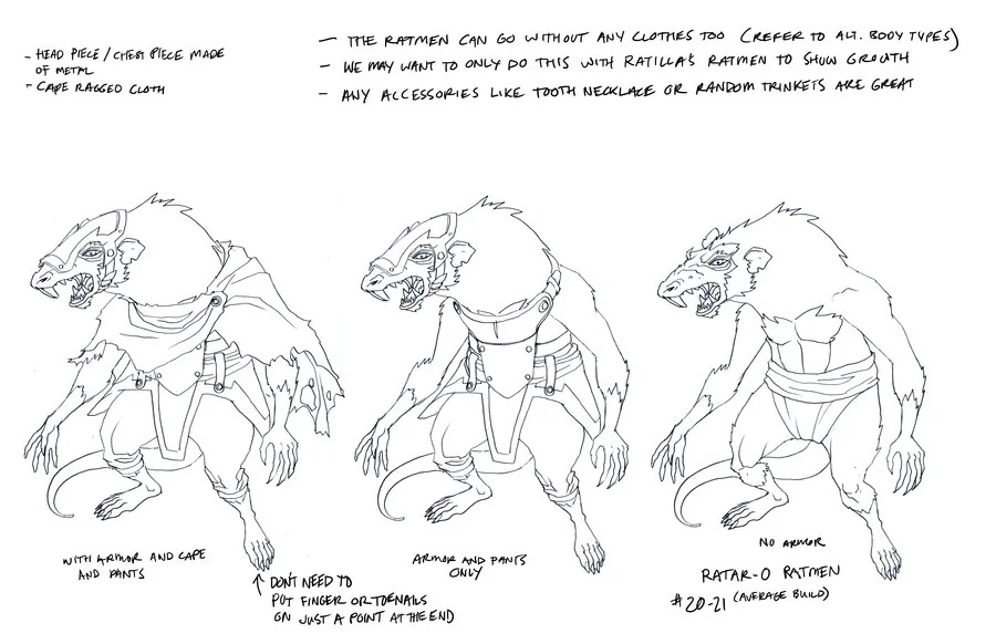 Rat men concepts 2. This was used to show how to make multiple Rat men with different variations to the clothing. (Dan Norton May 2012)