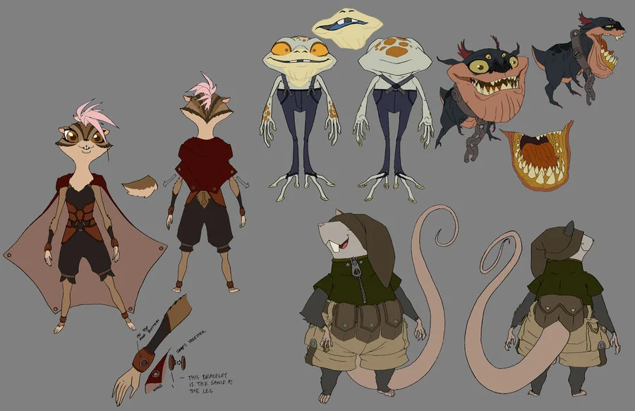 Thief kids. These are the kids that showed up in episode 22 of the new ThunderCats series. Albo the frog-like guy, Jenyo the chipmunk girl, and Gusto the possum. I know most folks see Jenyo and call her a flying squirrel, but she is a chipmunk with flying squirrel envy. She does have a very stretchy cape that clasps to her ankles and wrists that allows her to fly though. With Albo, I thought it would be funny to have him steal stuff with his tongue and store it in his mouth. For Gusto, I imagined the Mission Impossible scene with Ethan Hunt in the computer room. This translated to a character that really knew how to use his tail to me. So a possum seemed to hit spot. Oh and though it's never mentioned, the name of the critter in the corner that guarded the jewelry is called a Burglenot. (Dan Norton May 2012)