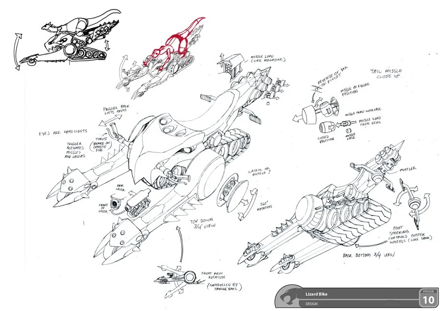 Lizard Bike. So this is the Lizard Bike featured in episodes 12 and 13 of the ThunderCats. I can't tell you just how much trouble this vehicle was. We had so many versions of it. In the end, this is what I put down. (Dan Norton Apr 2012)