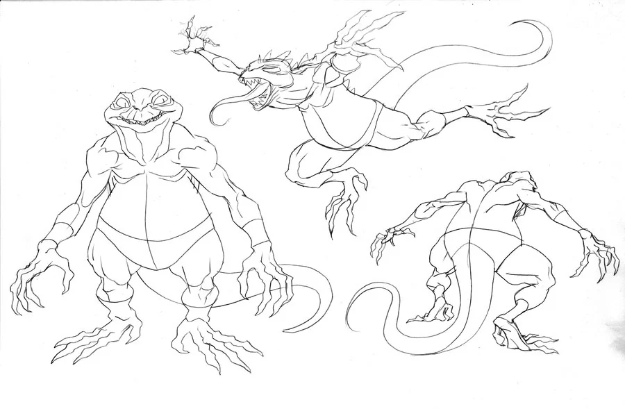 Lizard Tracker concept Sauro 1. This was going to be the body type for the third Lizard Tracker of episode 4. But as it went on, Takahiro Tanaka had a great design in the end and we went with his instead. This guy got a little bland. I'll post the final version with his costume later. (Dan Norton Mar 2012)