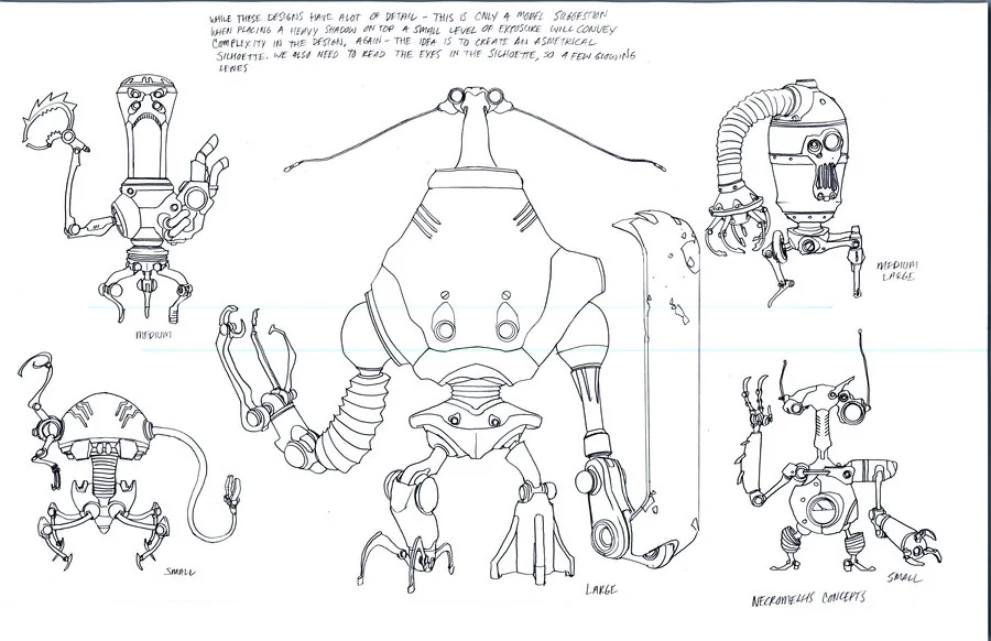 Necromech concepts 2. More concepts for Necromechs... The originators were Necromechers. The offspring were called necromechs. The junkyard creations were the work of Soul Sever trying to make machines that could hold an organic soul. Though they ended up being merely robots powered by his own hand. (Dan Norton Jun 2012)