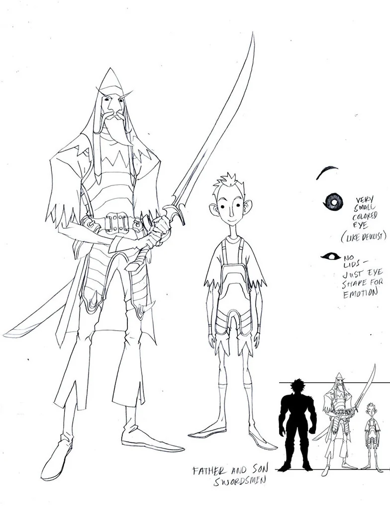 Father and Son. This Father and Son were going to be in episode 8 of ThunderCats 'Duelist and the Drifter' but got taken out. The scene was to illustrate what kind of bad guy the Duelist really was. After the Father loses his sword and is beaten to bad to go on, the kid picked up his sword and charges at the Duelist. Sadly the kid gets killed. So you see why we cut it out. I didn't want to lose the design so they were designated background characters. Sadder still is the kid didn't get used. (Dan Norton Apr 2012)