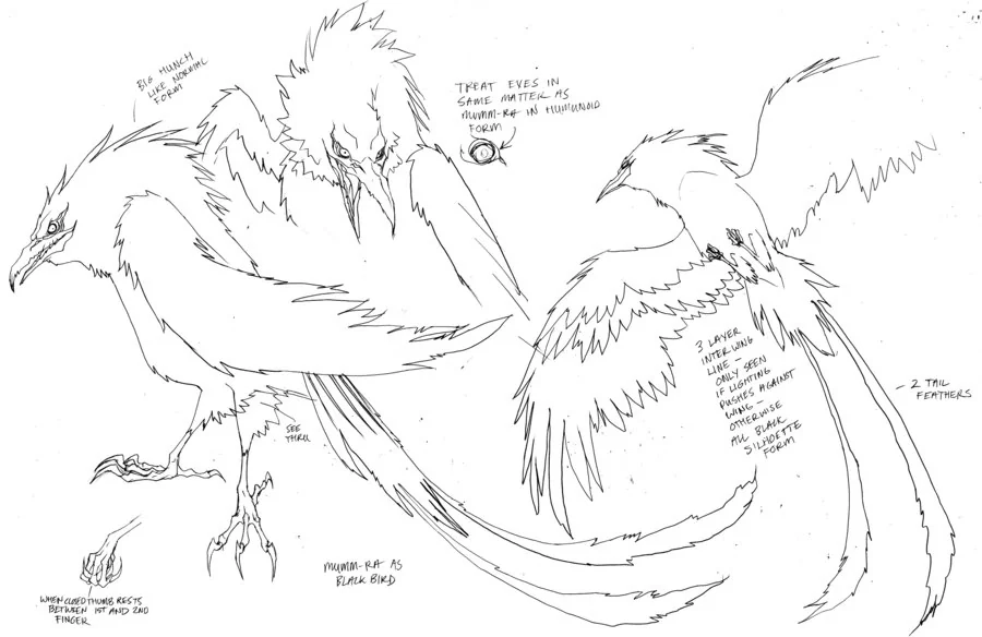 Mumm-Ra as a Bird. Here is Mumm-Ra in his bird form. I gave him the long tail feathers to break him away from a standard Raven. But it was in the OS show. (Dan Norton Mar 2012)