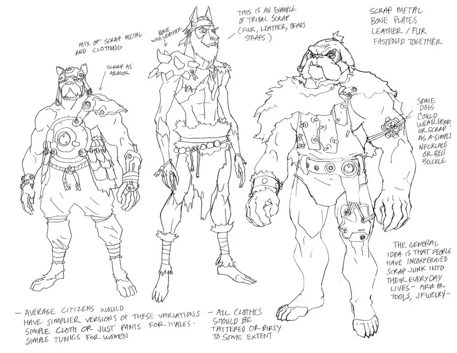 Dog Gladiators. These Dog men are gladiators of the Pit. What I was illustrating was how to assemble background characters with different materials. There is a mix of Tribal and machine parts going on in the outfits. (Dan Norton Apr 2012)
