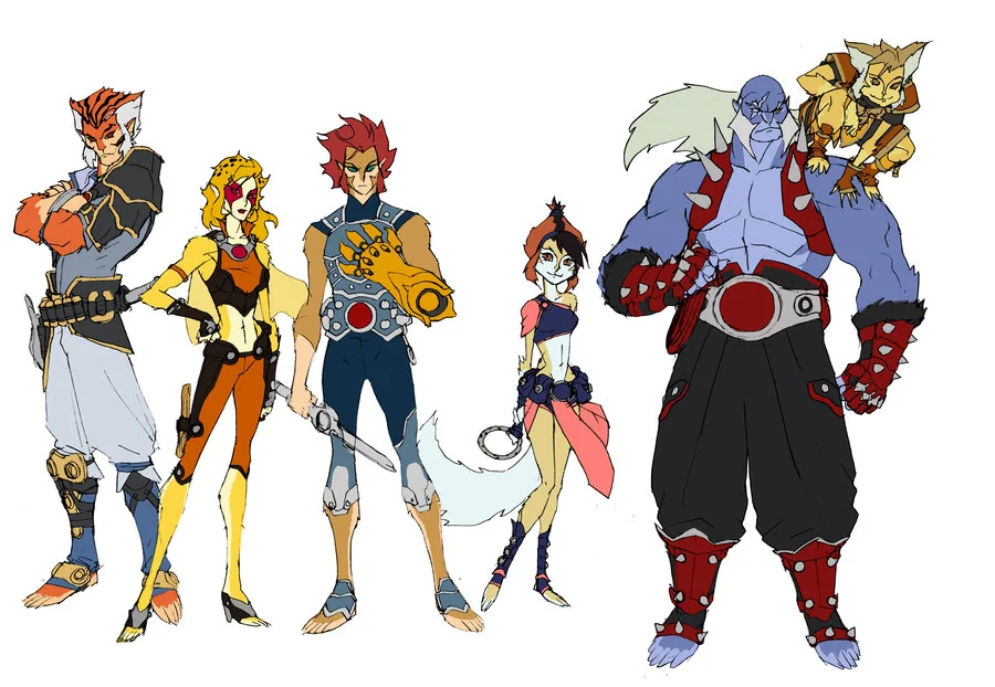 ThunderCats Concept art 6. Here is a modified group shot based on the first pass. I've added color to this one, changed Panthro's outfit and shrank WilyKit. I'm posting all this art by the way to get the word out on the show. We really need word of mouth advertising since we're not seeing much anywhere else. May 24th 9:30am! That's a Saturday, so break out your cereal boxes and blankets and park it in front of the Mother Box. (Dan Norton Mar 2012)