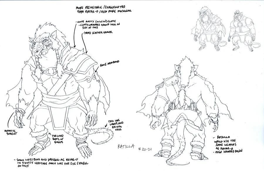Ratilla concept. The ancestor of Ratar-O! He was the Conan the Barbarian of Rat men. Brutal and Merciless. As you can see in the upper corner, he's much bigger and more muscular then Ratar-O. (Dan Norton May 2012)