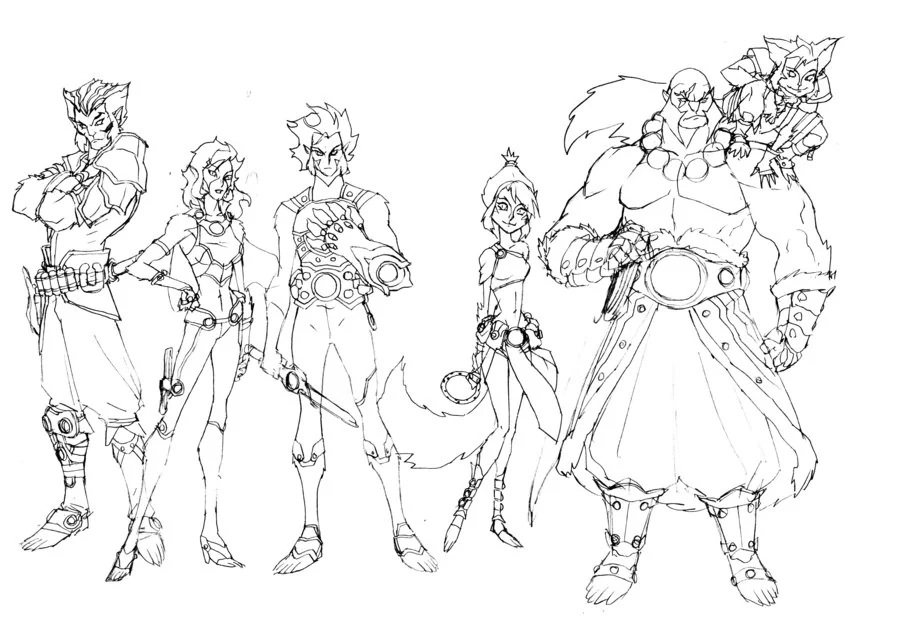 ThunderCats Concept art 5. Here is the very first rough group shot of the ThunderCats new series. I had done some individual roughs and wanted to show the contrast of their scale for presentation. You'll notice that Panthro's outfit is drastically different, WilyKit is a much older teenager and Tygra's gear is different too. (Dan Norton Mar 2012)