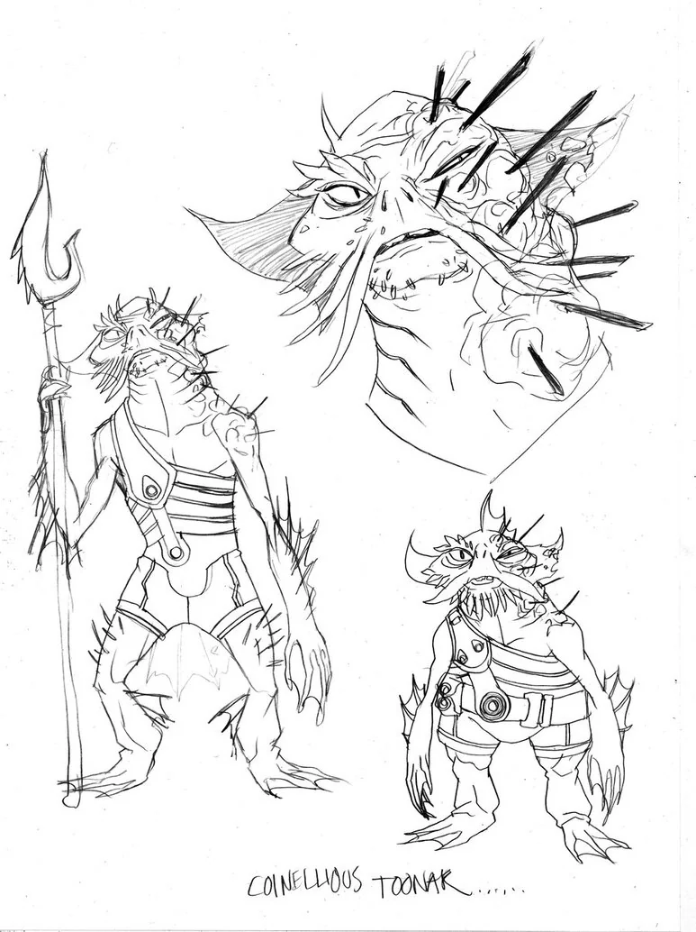 Captain Toonar. These were some of the original concepts for Captain Toonar. I had put a bunch of spines from the sand creature in his face which would not be removable like a bullet to close to the brain. I wanted him to be in constant pain. Disfigured by the creature. We just couldn't show this level of gore, not only because of the imagery but also the complication of art. We settled on the missing leg and scars. (Dan Norton Mar 2012)