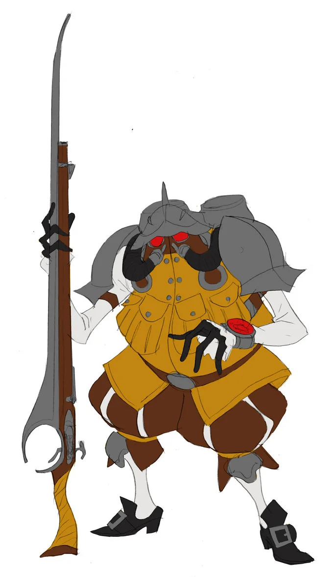This was the rough idea of the Konqedor as we we're tooling around with ideas for bad guys in the very beginning. I'd put some flats on the character just to show color breaks. Ended up being close to the final color. The idea at first was to make a twin barrel shotgun like muzzle, so the blade would have sat in-between the barrels. But it was just extra mileage for the animators, so I took off the curve and made it a single barrel musket sword. (Dan Norton Feb 2012)